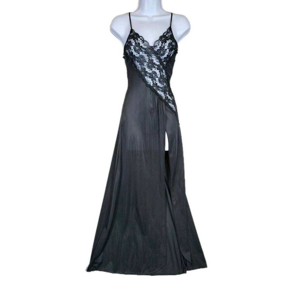 VTG 60s Long Black Lingerie Dress Fits XXS Sheer Lace Panel Long Slit USA Union